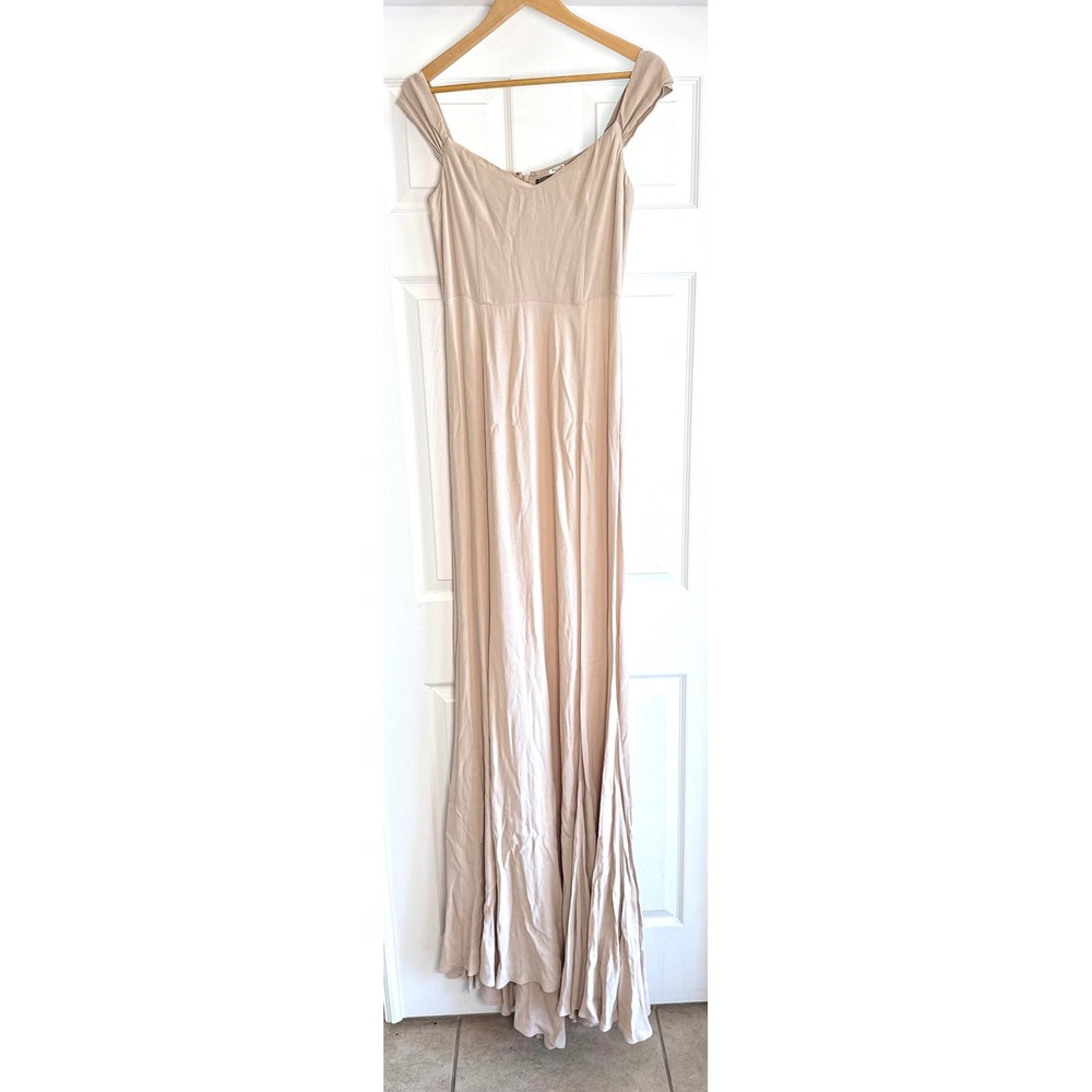 Reformation Maxi Dress Womens 4 Beige Off Shoulder Sweetheart Crepe Gown